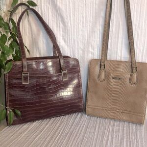LIZ CLAIBORNE 2 faux leather purses XL maroon tote & tan alligator look bags